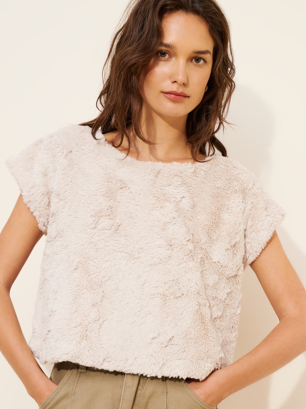 Anthropologie Faux Fur Short-Sleeve Top in Light Beige, Size XL, EUC